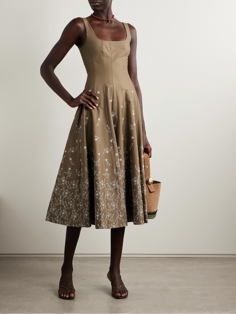 STAUD Wells Embroidered Sleeveless Stretch Cotton Midi Dress